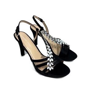 Adrienne Vittadini Women’s Size 8.5 Black Satin Embellished Strap Heeled Sandal